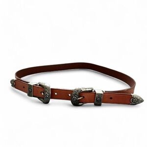 NWT Ralph Lauren Women Small Tan Leather Silver Double-Buckles Floral Engraved